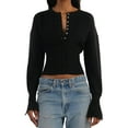 thumbnail image 3 of Womens Cropped Sweaters Button Down Long Sleeve V Neck Ribbed Knit Slim Fit Pullover Crop Tops Black S, 3 of 8
