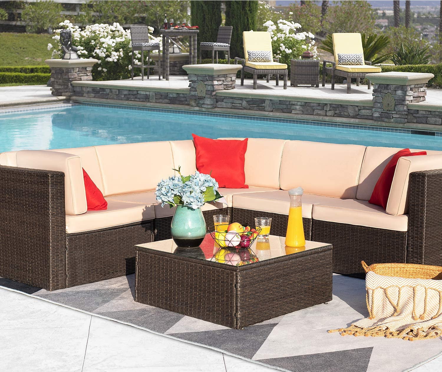 Valita Patio PE Wicker Furniture Set 6 Pieces Outdoor Brown Rattan Sectional Conversation Sofa Chair with Storage Table and Red Cushions
