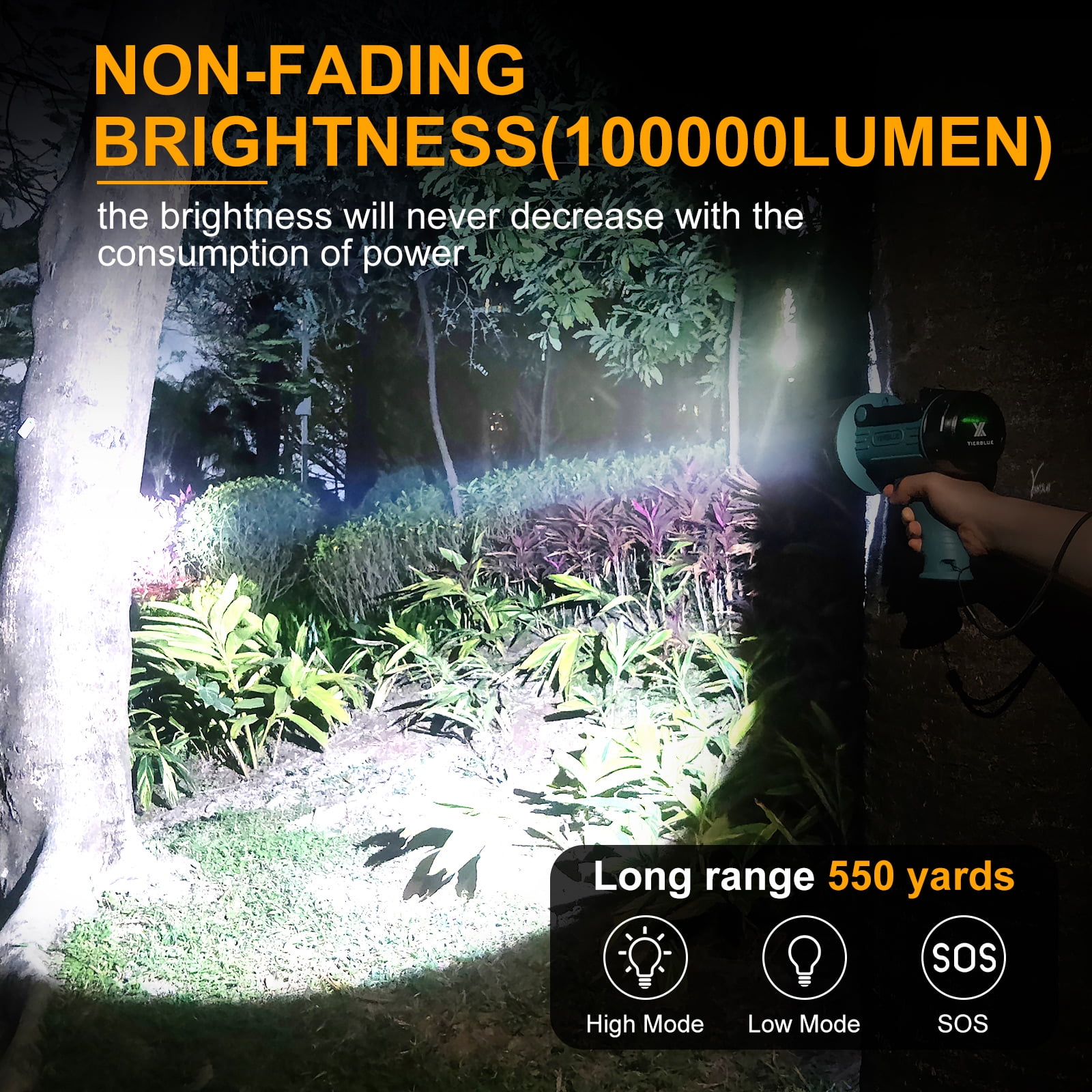 YIERBLUE Rechargeable Spotlight Flashlight, 300000 Lumen LED, IP67 Waterproof, Impact Resistant, with Foldable Stand and Detachable Red Lens