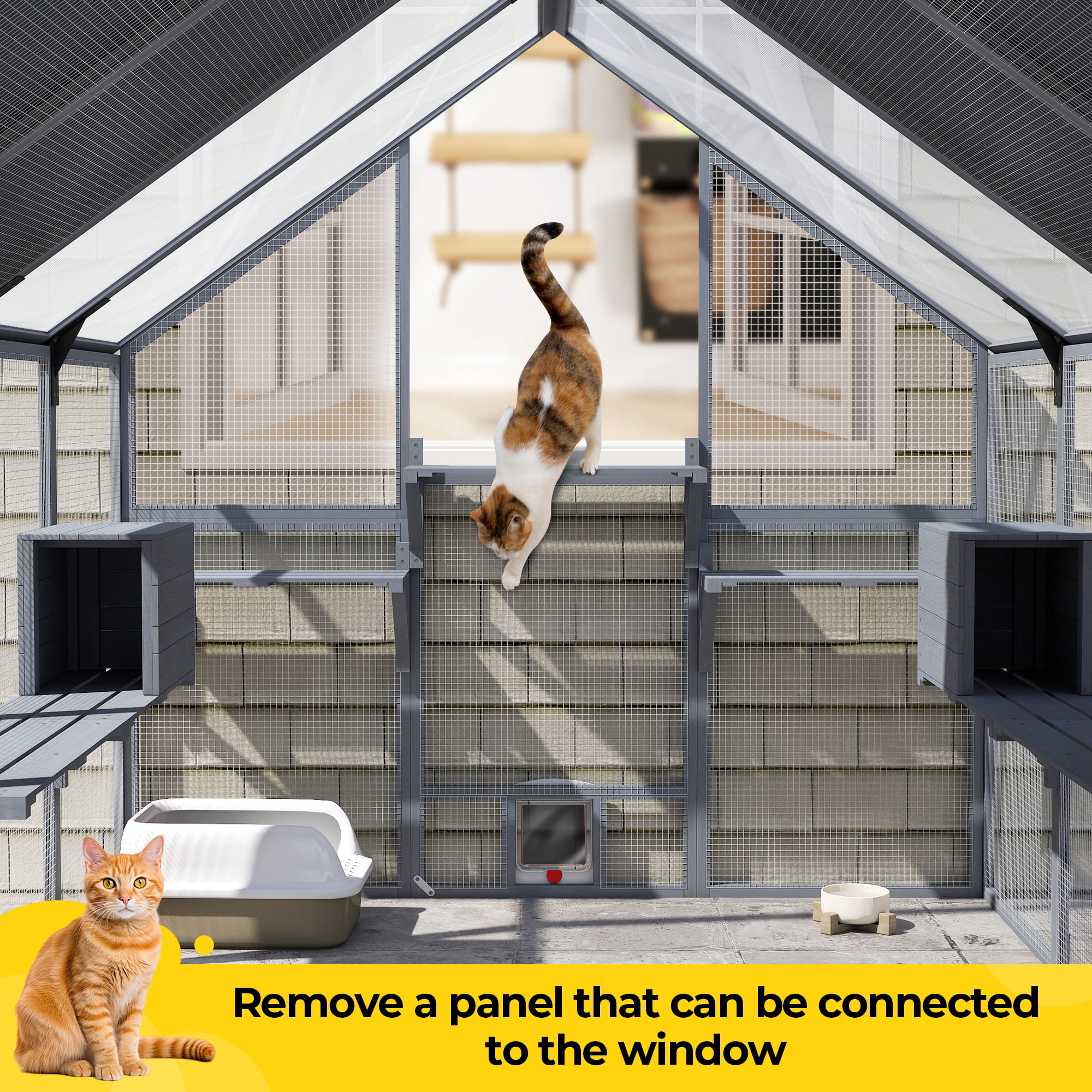 COZIWOW 108'' Super-Large Cat Catio Outdoor Wooden Cat Enclosure with Platforms, Condos, Bridges, Walk-in Door