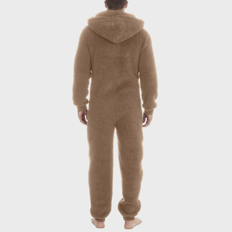 VAMUKO Men s Hooded Onesie Pajamas Lightweight Fuzzy Fleece Zip Up Jumpsuit Long Sleeve Long Pants One Piece Pjs Khaki 4XL Walmart