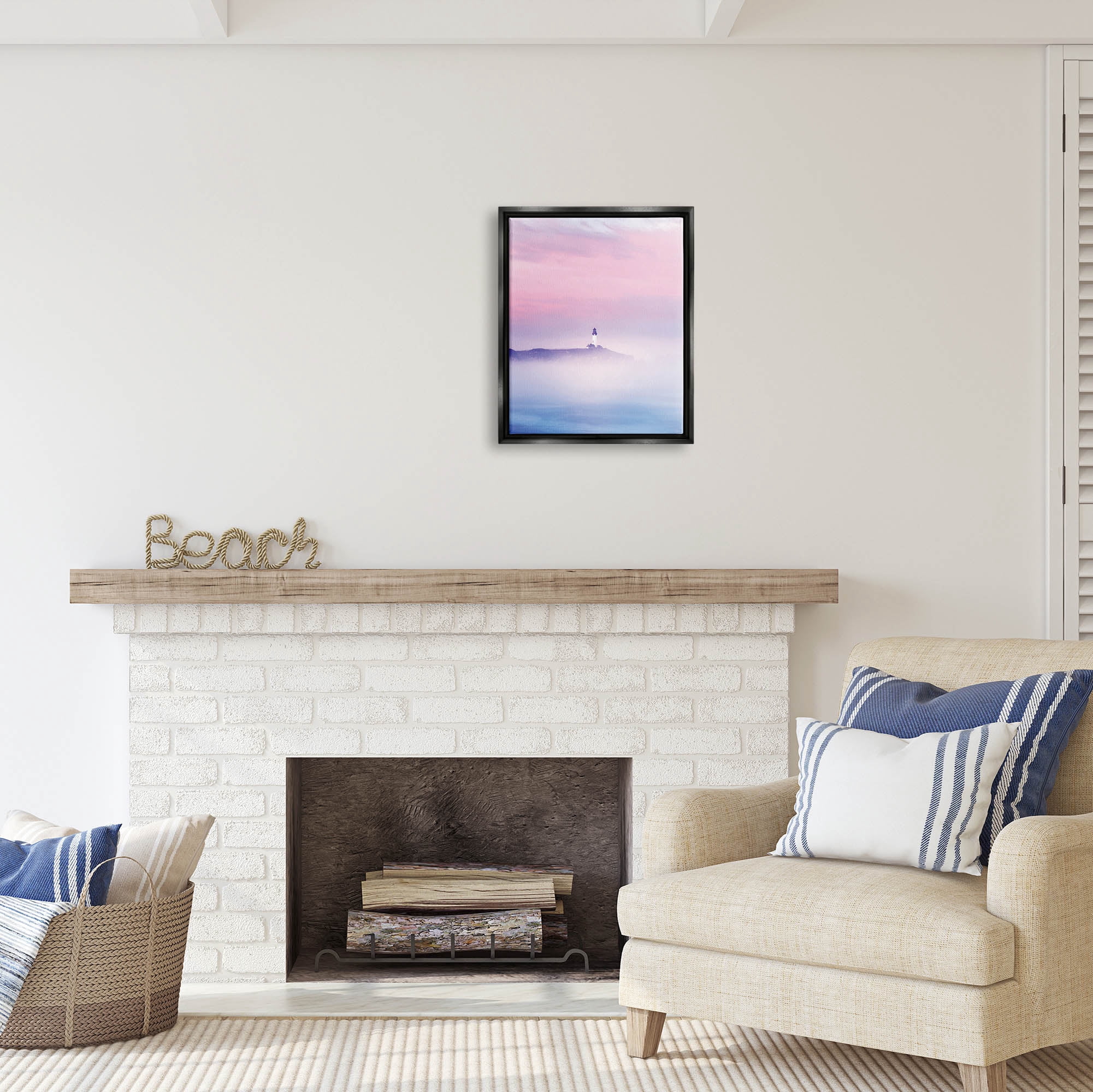 Stupell Industries Foggy Pink & Purple Lighthouse Sky Coastal Photography Black Floater Framed Art Print Wall Art