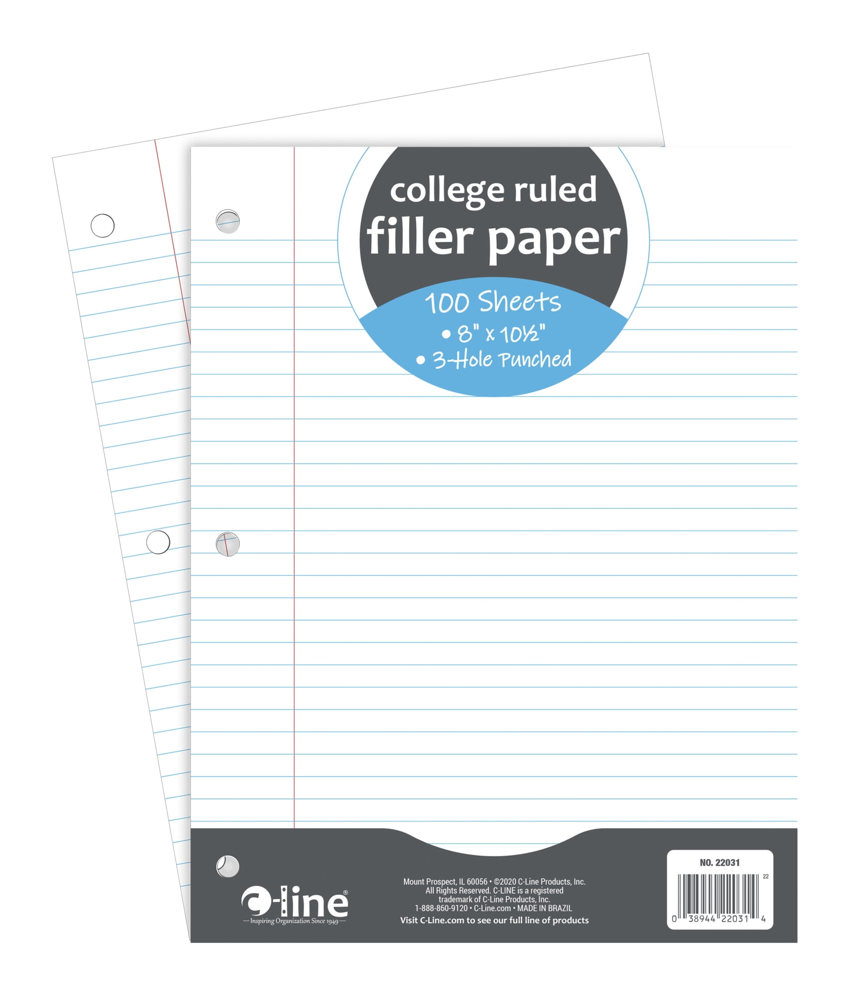 C-Line 3-Hole Punched Filler Paper, 8 x 10-1/2 Inches, College Ruled, 100 Sheets