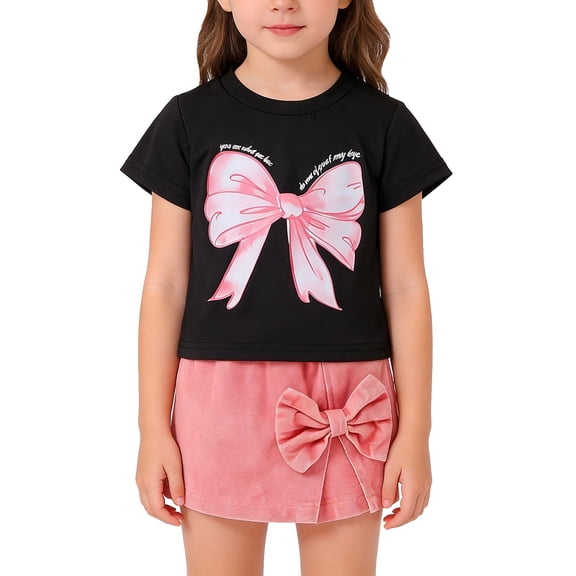 EnJoCho Kid Girls Clothes Outfits Bowknot T-Shirt   2 In 1 Denim Short Skort Summer Clothing Set, Girls Shirt and Shorts Set Kindergarten Starter Pack Size 4-10 Years