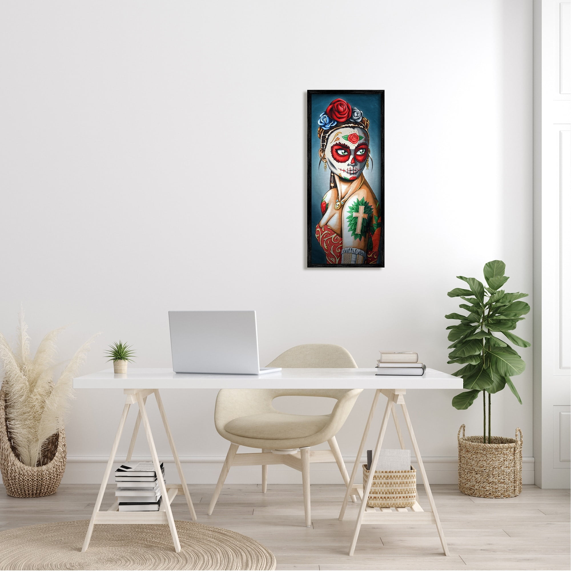 Stupell Industries Day Of Dead Skull Face Painting Roses Tattoos Framed Wall Art, 13 x 30, Design by Amy Brinkman