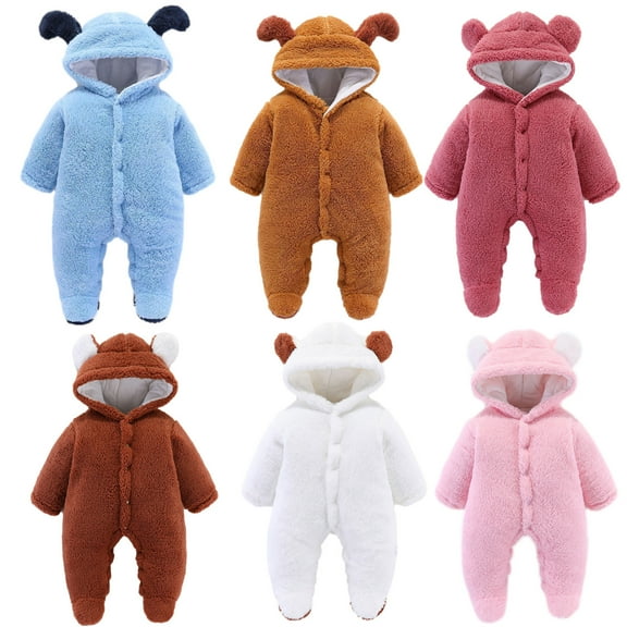 Jinhomg Fleece Jumpsuits for Baby Girl 2025 Fashion Bear Ear Hooded Rompers Infant Boy Comfy Long Sleeve Button Down Footie Snowsuit Summer Saving Blue 0-3 Months
