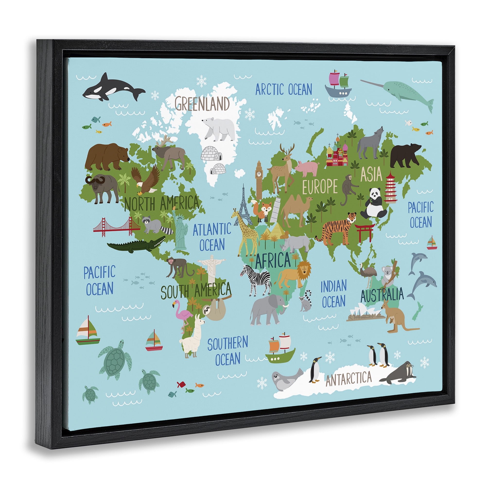 Stupell Industries Kid's Favorite Animals World Map Animals & Insects Painting Black Floater Framed Canvas Art Print Wall Art, 21 x 17