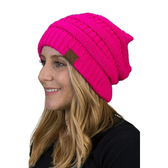Funky Junque Skull Cap Beanie for Women - Womens Winter Hat Knit Slouch Style, Warm, Soft Unisex Cold Weather Mens Beanies - Neon Hot Pink