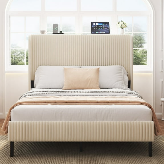 Full Size Bed Frame with Charging Station, Upholstered Platform Bed with Wingback Headboard, No Box Spring Needed, Noise Free, Easy Assemble, Beige