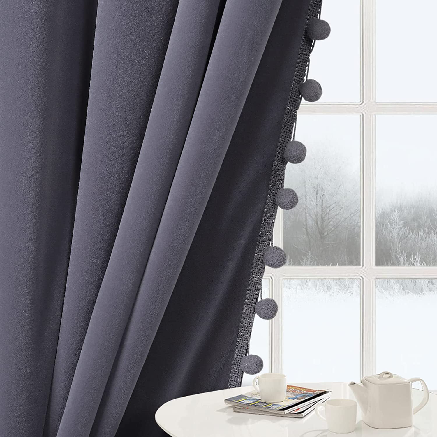 Velvet Pom Pom Curtains 108 Inches Long-Pompoms Tasseled Room