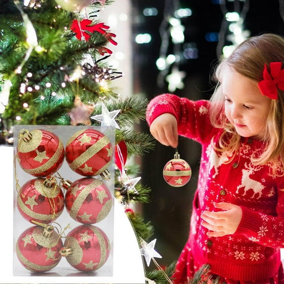 Red and Gold Christmas Balls Ornaments 60mm/2.36" Set of 6, Shatterproof Christmas Tree Hanging Baubles with Glitter Star Pattern, Holiday Party Wedding Home Decoration Accessories