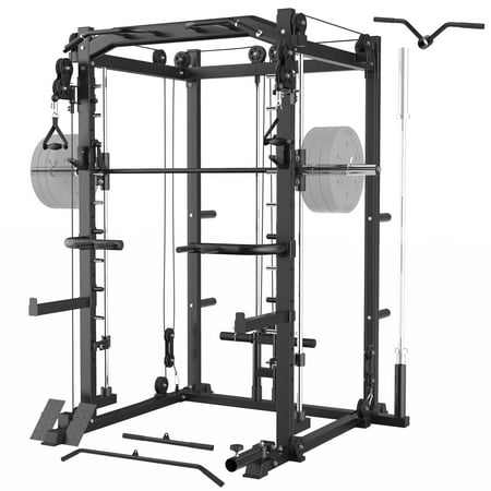 MAJOR LUTIE Power Cage Smith Machine with Weight Bar and pulley system Home Gym Total Body Workout Training System(Black)