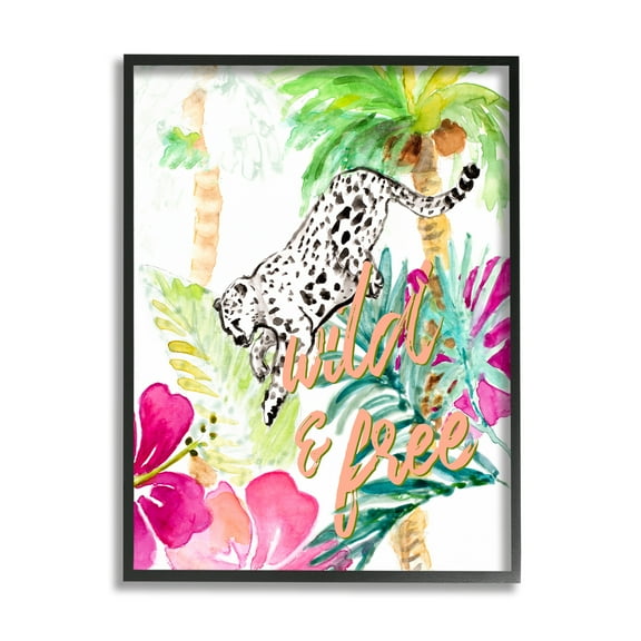 Stupell Industries Wild and Free Cheetah Palms Pink Hibiscus Floral Animals & Insects Painting Black Framed Art Print Wall Art, 11 x 14