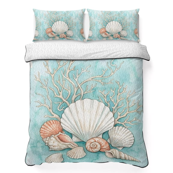 Quilts Queen Size Bedding Set, Coastal Seashells Lightweight Quilted Comforter, Watercolor Ocean Coral Conch Blue Green Soft Reversible Bedspread Coverlet with Pillow Covers for All Season, 90" x 96"