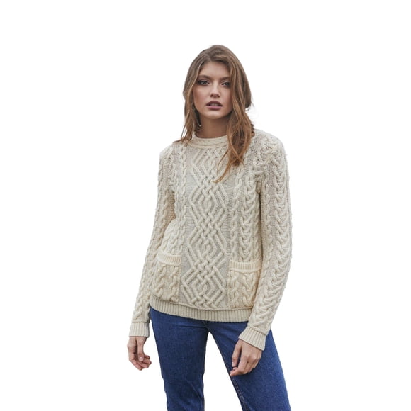 SAOL 100% Merino Wool Irish Warm Cable Knit Women Crew Neck Fitted Sweater with Pockets (Natural, Small)