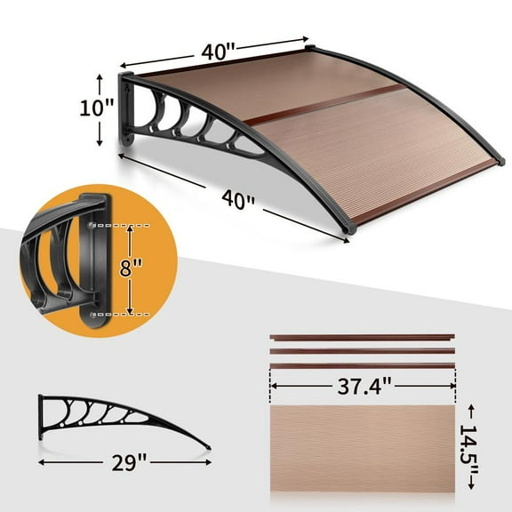 SLSRFD Outdoor Door Window Awning, Polycarbonate Hollow Sheet Canopy Shade Cover, Weather-Resistant Rain & Sun Shelter for Entryways,Updated 1PC 40x40", Brown with Black Bracket