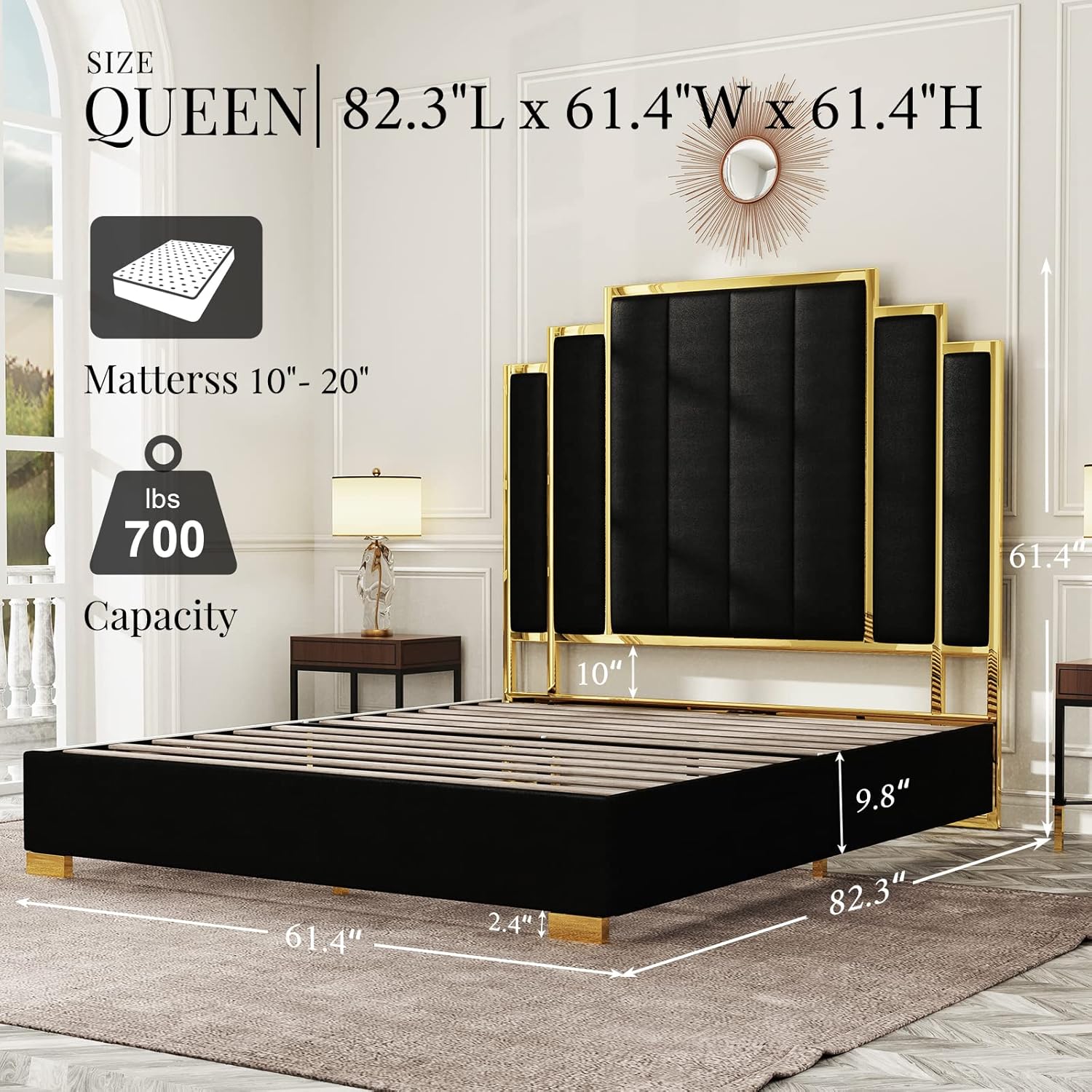 VanAcc Queen Size Platform Bed Frame, 61.4" Velvet Upholstered Bed: with Gold Trim Headboard/Wooden Slats/No Box Spring Needed/Black