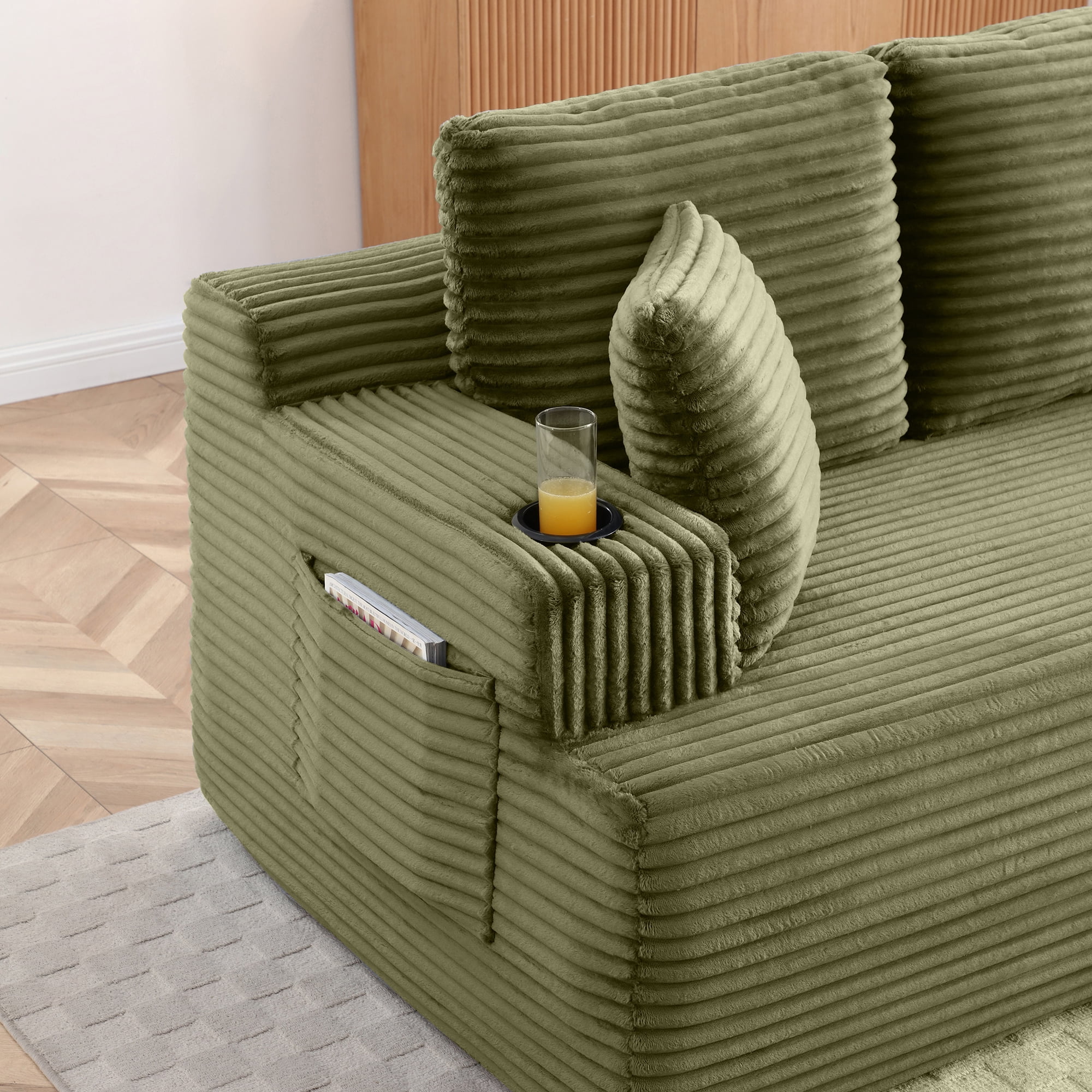 Boneless Sofa, 3-Seater Floor Couch with Cup Holders and Side Pockets, Corduroy Fabric No Assembly Sofa for Living Room or Dorm, 86.2 Inch, Green