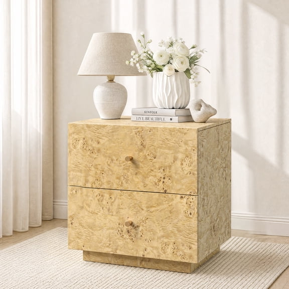 Scohul 2-Drawer Nightstand, Natural Burl Wood Finish Bedside End Table, Modern Bedroom Storage - Natural