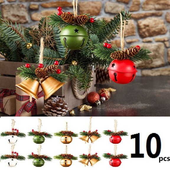 KOYPTL 10pcs-Christmas Tree Hanging Ornaments Metal Bells with Rope,Colorfull Bells for Wall Door Fireplace Garland,Bells Pendant Gifts for Kids Dogs Cats Party Christmas Stocking Stuffers Decoration