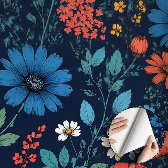 Navy Blue Wild Floral Wallpaper, Boho Vintage Floral peel and stick wallpaper, waterproof, Home Decor for Bedroom, Living Room, Bathroom, Kitchen Cabinet, Dorm Room [17.7 * 118 in]