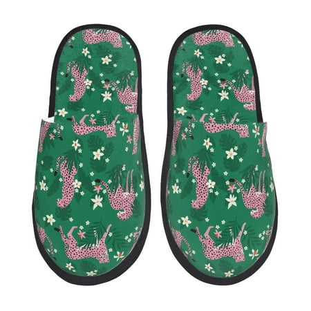 Balery Tropical Leopard Slient Indoor Furry Fleece Comfort House Shoes Soft Non-Slip Home Shoes Cotton slippers House Slippers-- Large