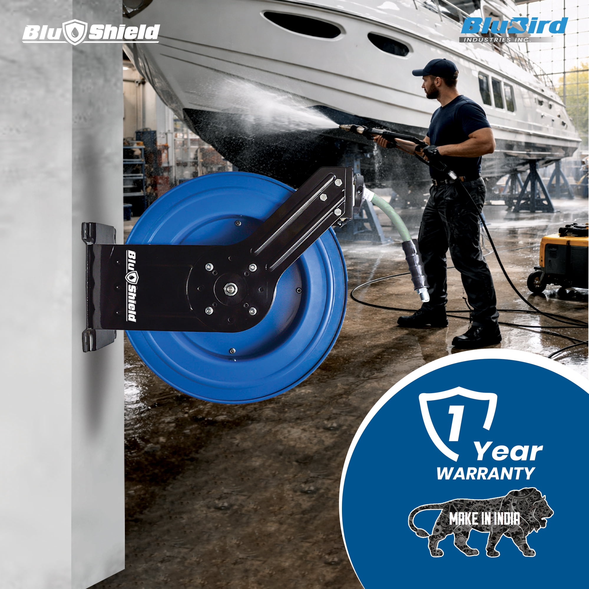 BluShield Pressure Washer Hose Reel with Aramid Braided Hose, 4100 PSi 6' Lead-in Hose, NPT, Lighter, Stronger, Flexible, 1-Year Warranty (3/8" x 100' Non Marking + Coupler Plug)