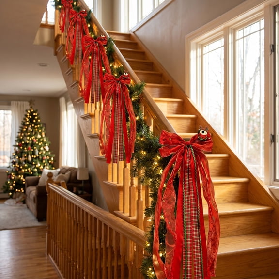 Christmas Bows,Large Glitter Multi-Ribbon Woven Satin Red Bows for Christmas Tree Wreath Door Wall Fireplace,Vintage Hanging Indoor & Outdoor Holiday Christmas Decor(19.69x13.80in)