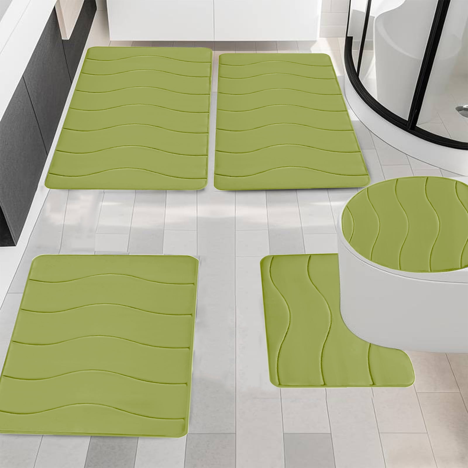 Outoloxit Bathroom Rugs Sets 3 Piece, Foam Bath Mat 5 Set Bathroom Rugs for 5 Pcs Toilet Mats Universal Soft Comfortable Water Absorption Non-Slip Thick Machine Washable Easier to Dry Dark