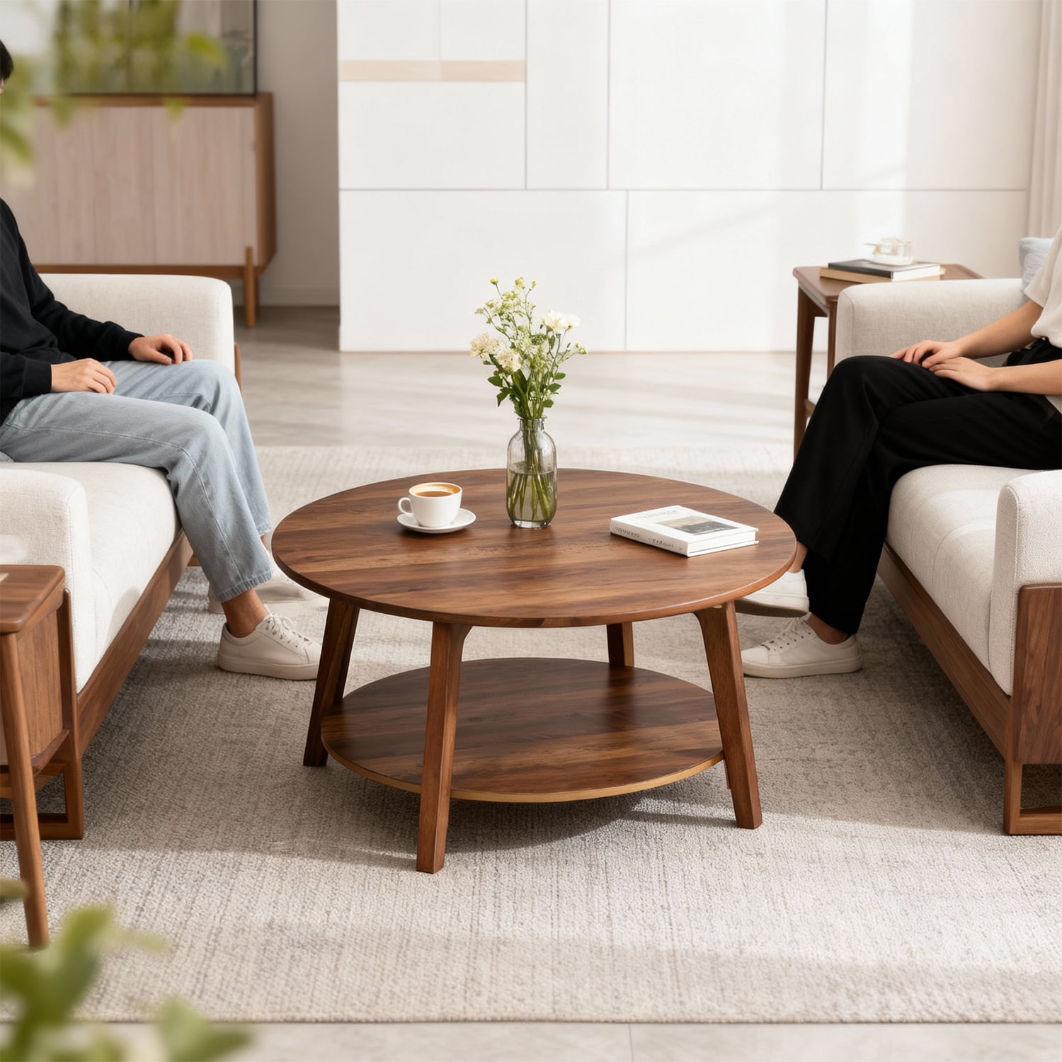 CL.HPAHKL Round Coffee Table, 31.5'' Wooden Circle Coffee Table with Storage, 2-Tier Center Table for Living Room, Apartment, Small Space, Brown