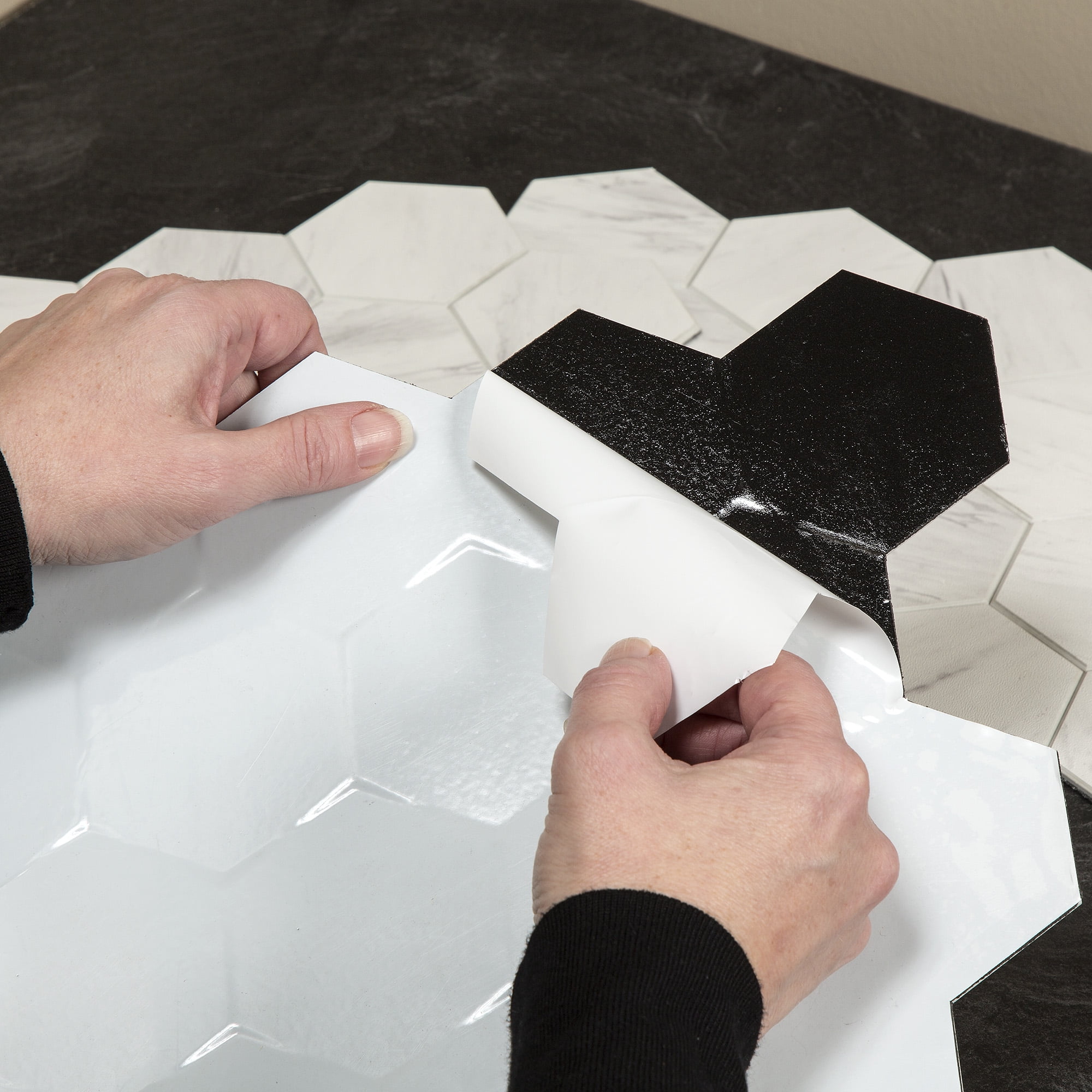 Aspect Collage 12.75in x 10.6in Peel and Stick Backsplash in Carrara Hex (5-Pack)