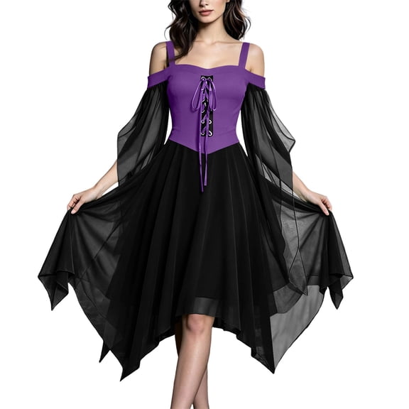 Women Off Shoulder Spaghetti Strap Irregular Hem Dress Chiffon Gothic Medieval Style Lace Up Bodice Layered Skirt Butterfly Sleeve Design