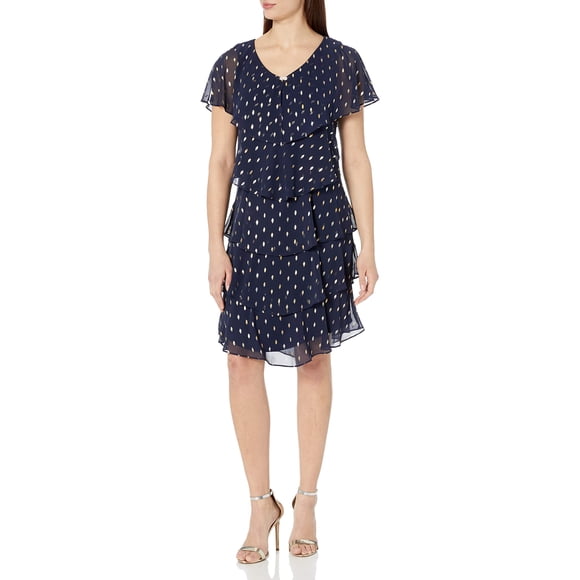 S.L. Fashions Women's Short Sleeve Metallic Print Pebble Tier Dress, Navy Gold, 16