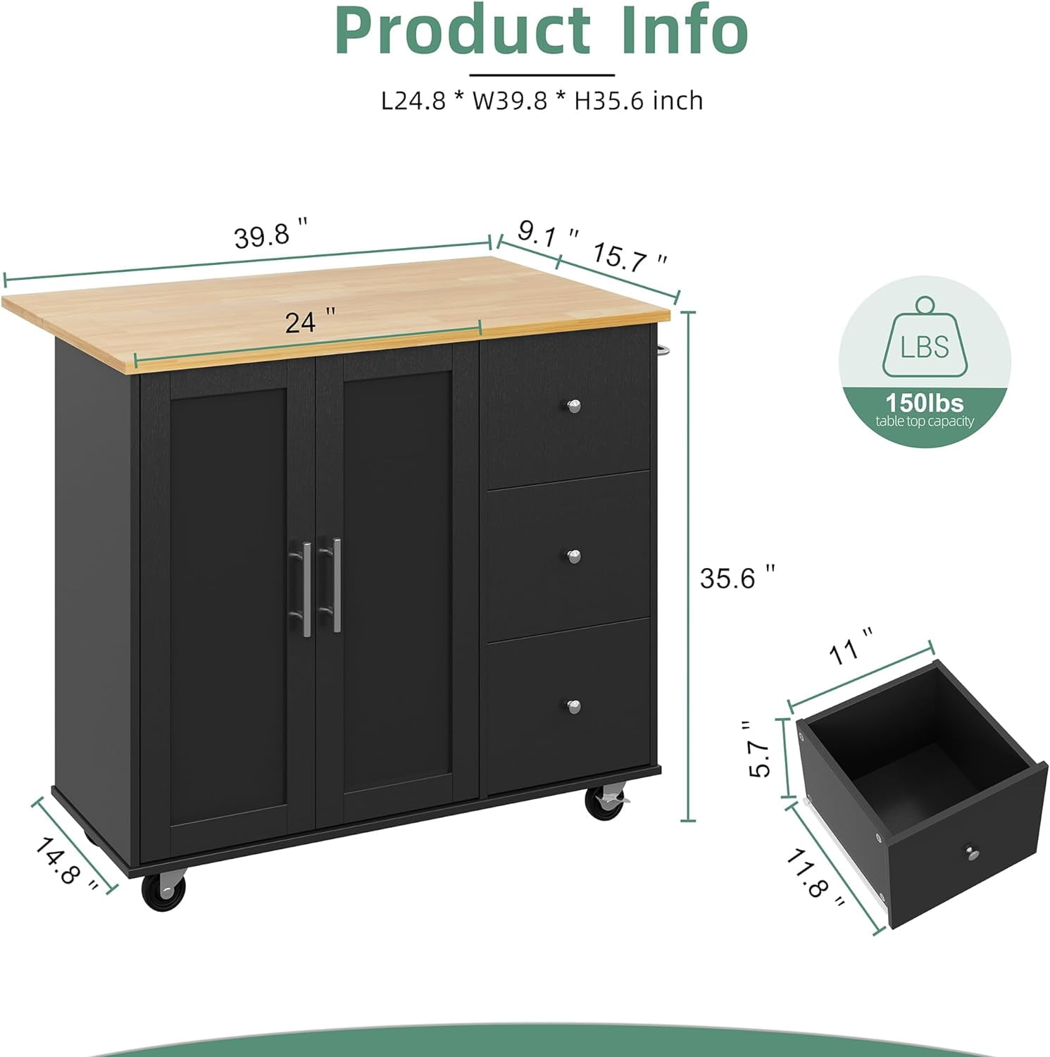 Sobaniilo Rolling Kitchen Island Cart with Folding Drop Leaf Breakfast Bar, Portable Trolley Island with Large Storage Cabinet, Shelf and Drawer, Black