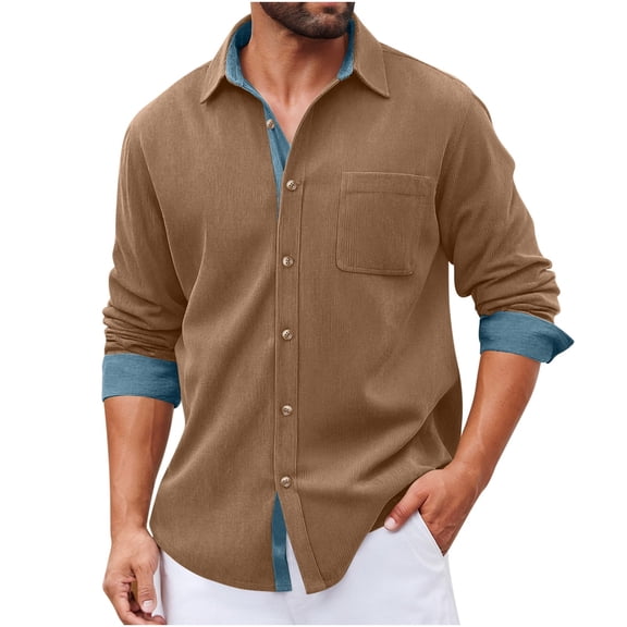 gbyLJF Men's Corduroy Jacket Long Sleeve Button Down Shirts Double Pockets Turndown Collar Casual Shirt Jackets