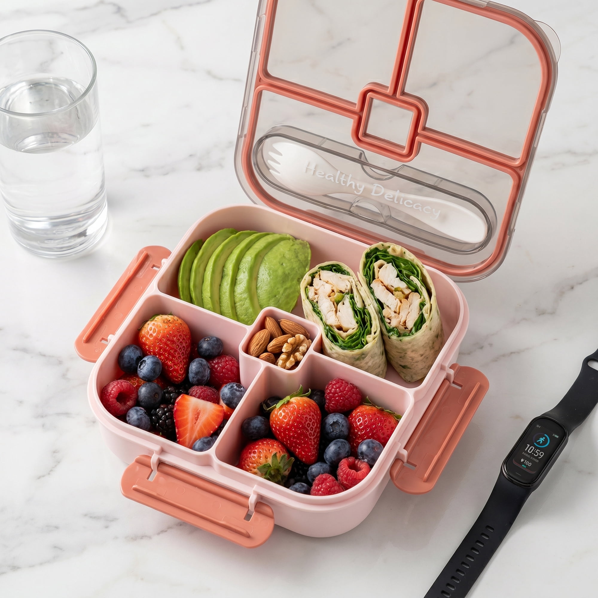 Unique Bargains Bento Lunch Box with Built-in Cutlery Slot for Work Travel Pink-1
