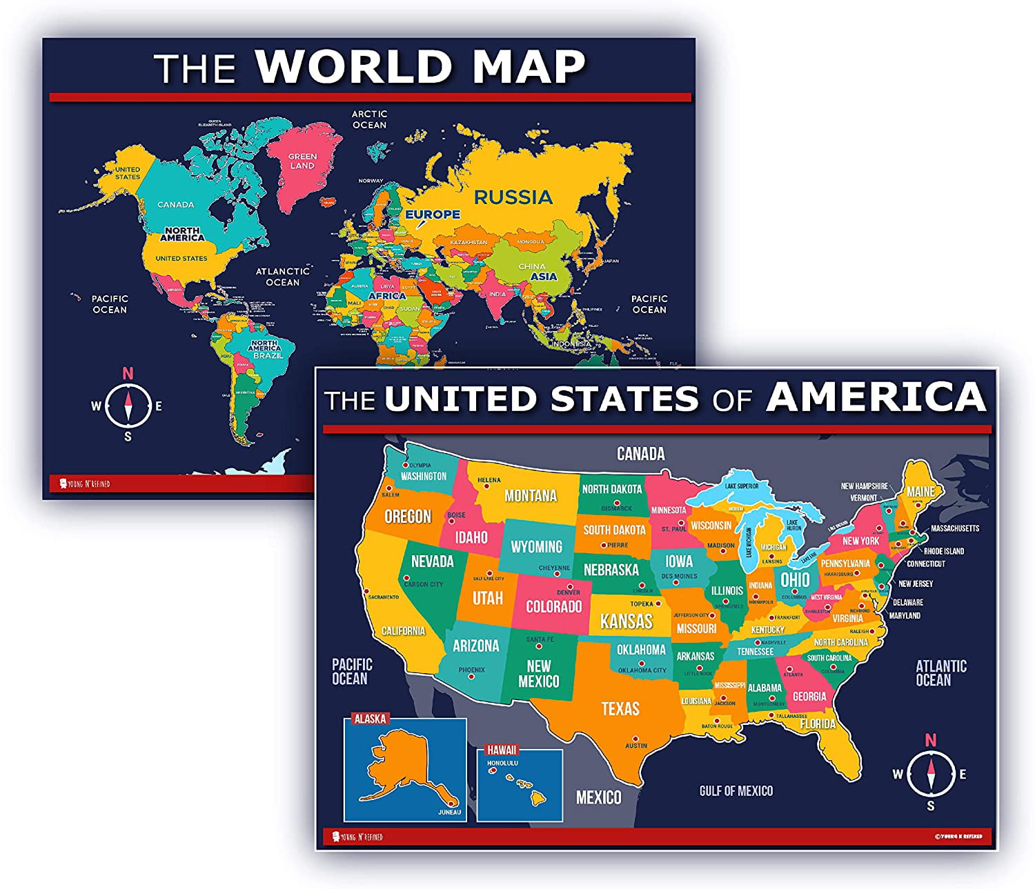 USA Map for kids 18x30 LAMINATED 50 states and capitals Large Poster beautifully illustrated Young N Refined 