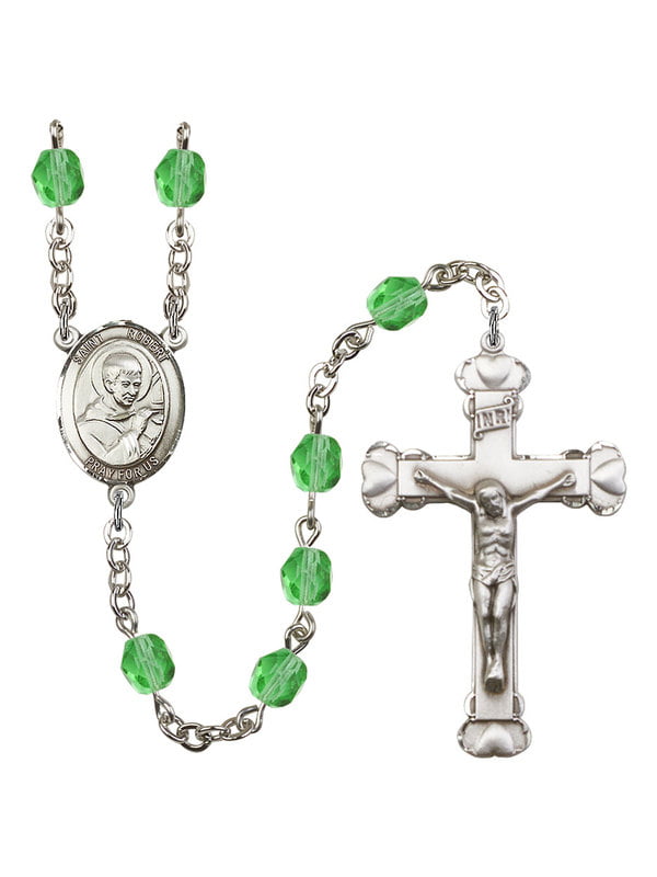Bonyak Jewelry 18 Inch Rhodium Plated Necklace w/ 6mm Green August Birth Month Stone Beads and Saint Robert Bellarmine Charm