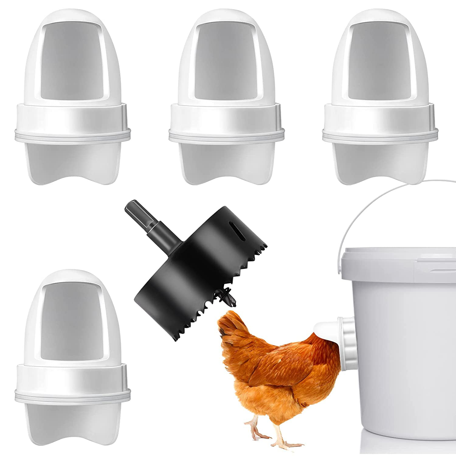 HHXRISE Chicken Feeder No Waste,8 Ports and 1 Hole Saw Rainproof… DIY Poultry Feeder Port Gravity Automatic Fed Kit for Buckets,Barrels,Bins,Troughs 