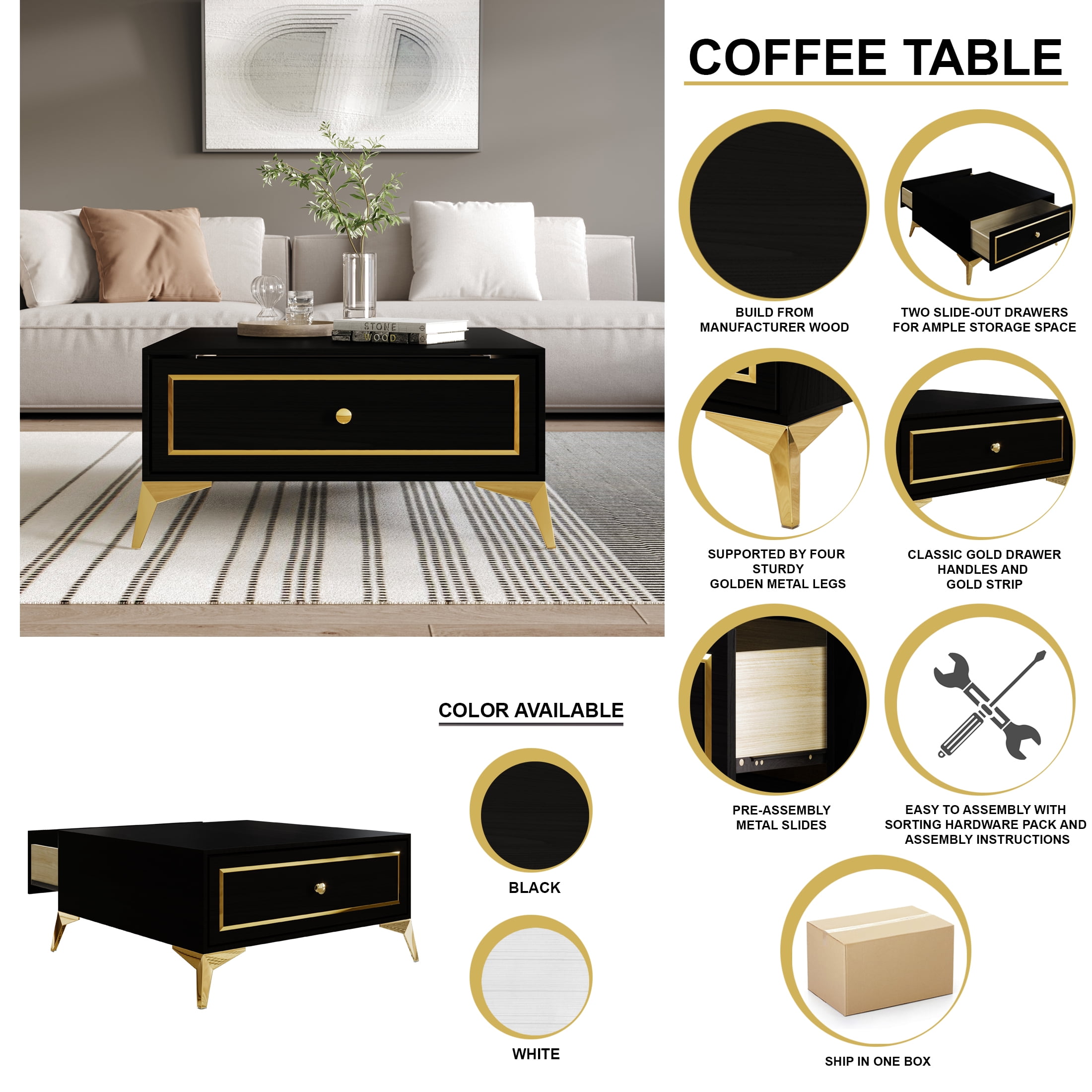 Castle Place Glam Coffee Table with Storage, White
