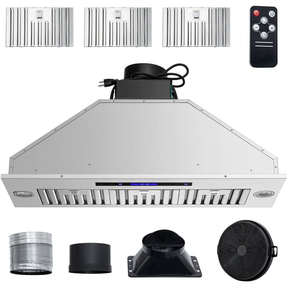 Dranite 36" 900 CFM 4-Speed Convertible Range Hood, Stainless Steel, Touch & Remote Control, LED Lights, Baffle Filters, Ducted/Ductless, ETL Listed