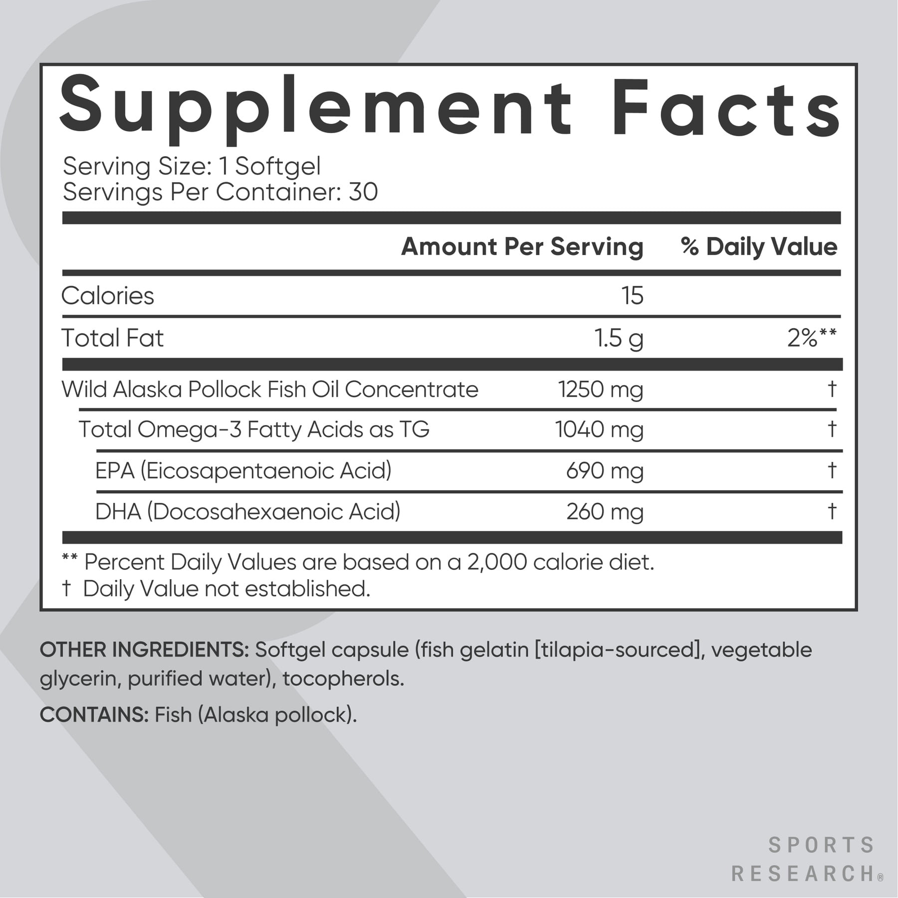 Sports Research® Triple Strength Omega 3 Fish Oil 1250mg Wild Alaska Pollock Burpless (30 Softgels)