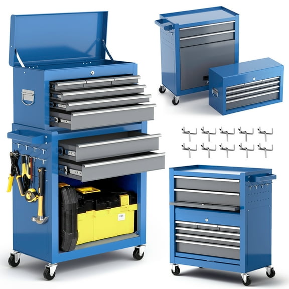 "Airaj 6-Drawer Rolling Tool Cabinet with Storage and Wheels, Blue, 24.40"""