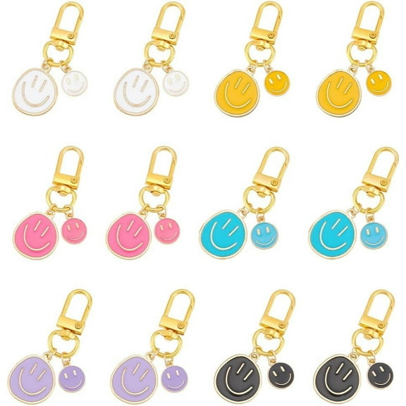 12Pcs 6 Colors Smile Expression Keychains Smile Face Cute Pendant Decoration with Alloy Swivel Clasps for Women Bag Charms Key Chains Car Key Pendant for Purse Handbag Decoration
