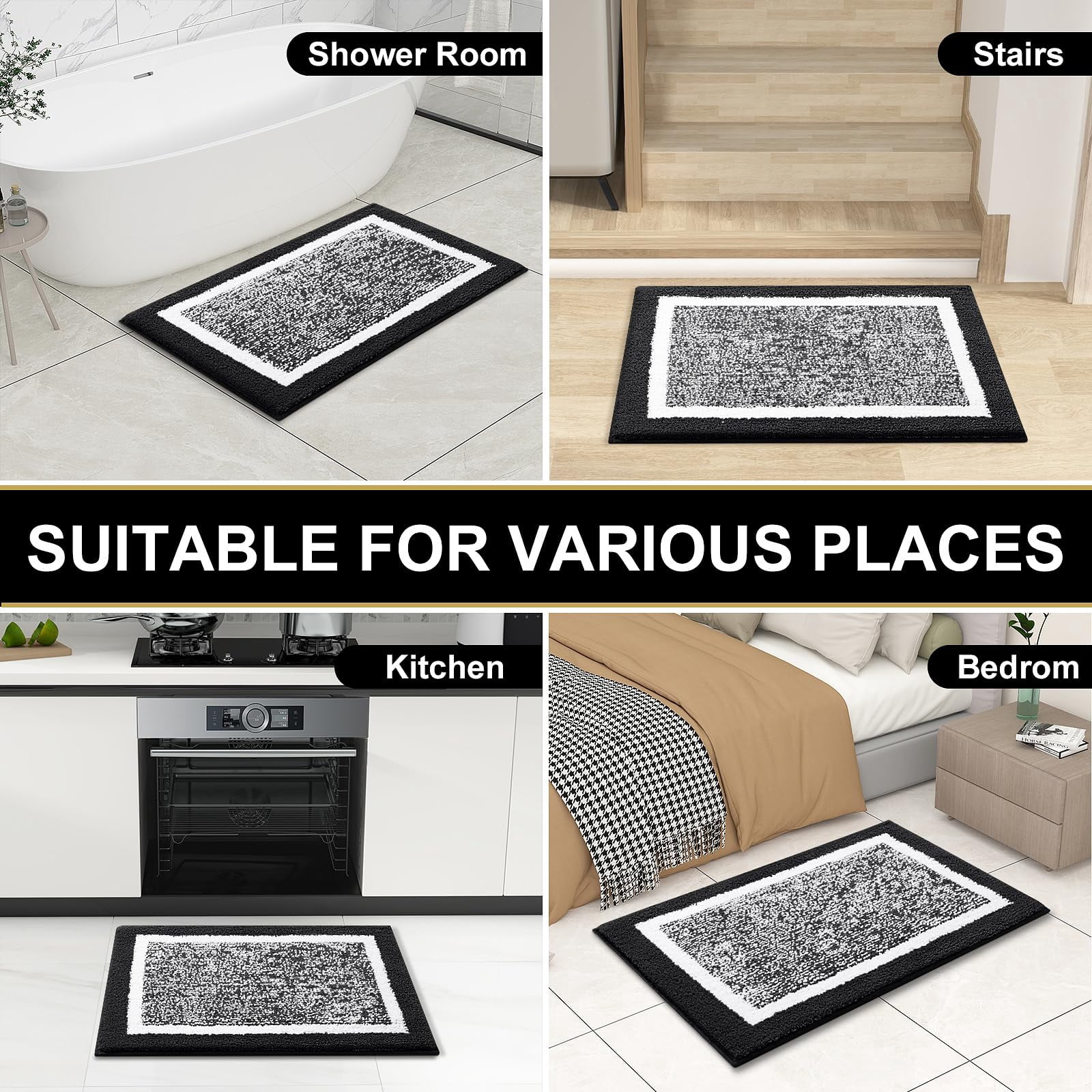 Buganda Bathroom Rugs and Mats, Extra Soft and Absorbent Microfiber Bath Mats, Non-Slip Shaggy Bath Carpets, 16x24, Black