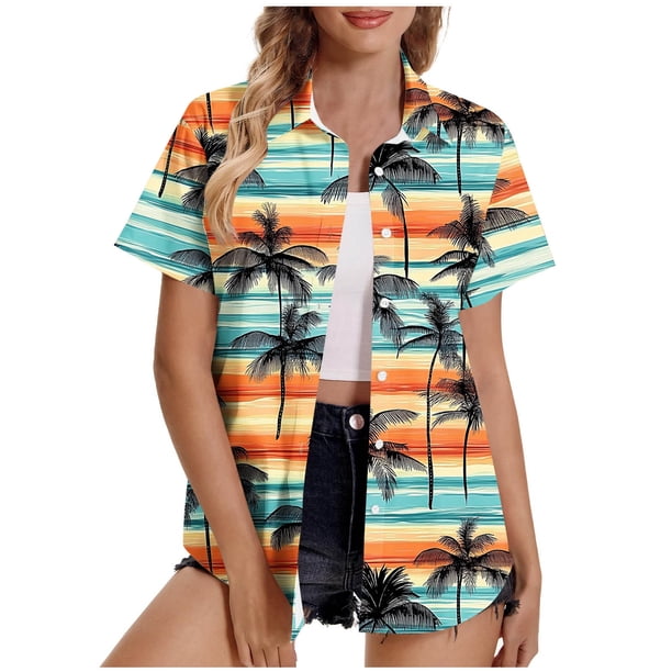 Pantalones Cortos para las Mujeres Sexy, Blusas de Estilo Hawaiano Impreso, Botón Arriba Cuello Turndown Superior