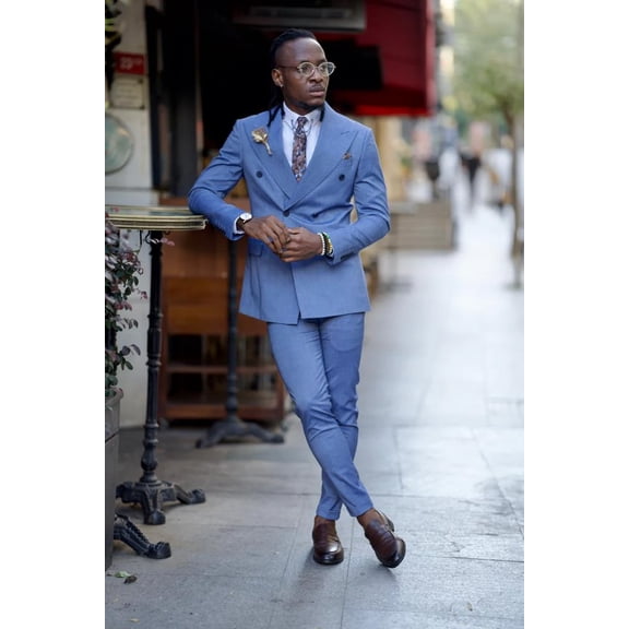 Men's Light Blue Peak Lapel Double Breasted Two-Piece Business Wedding Suit Slim Fit Blazer & Tapered Formal Trousers