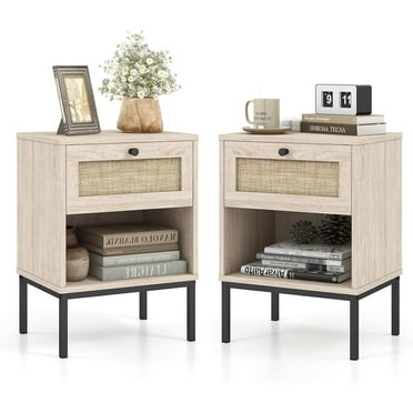 Boho Rattan End Table Nightstand Set of 2 with Drawer, Open Storage Shelf, Living Room, Bedroom, Oak