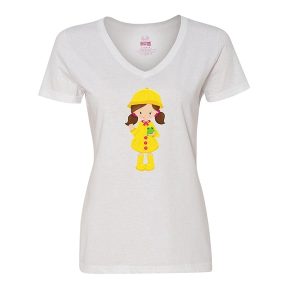 Inktastic Girl with Brown Hair, Yellow Raincoat, Frog Women's V-Neck T-Shirt