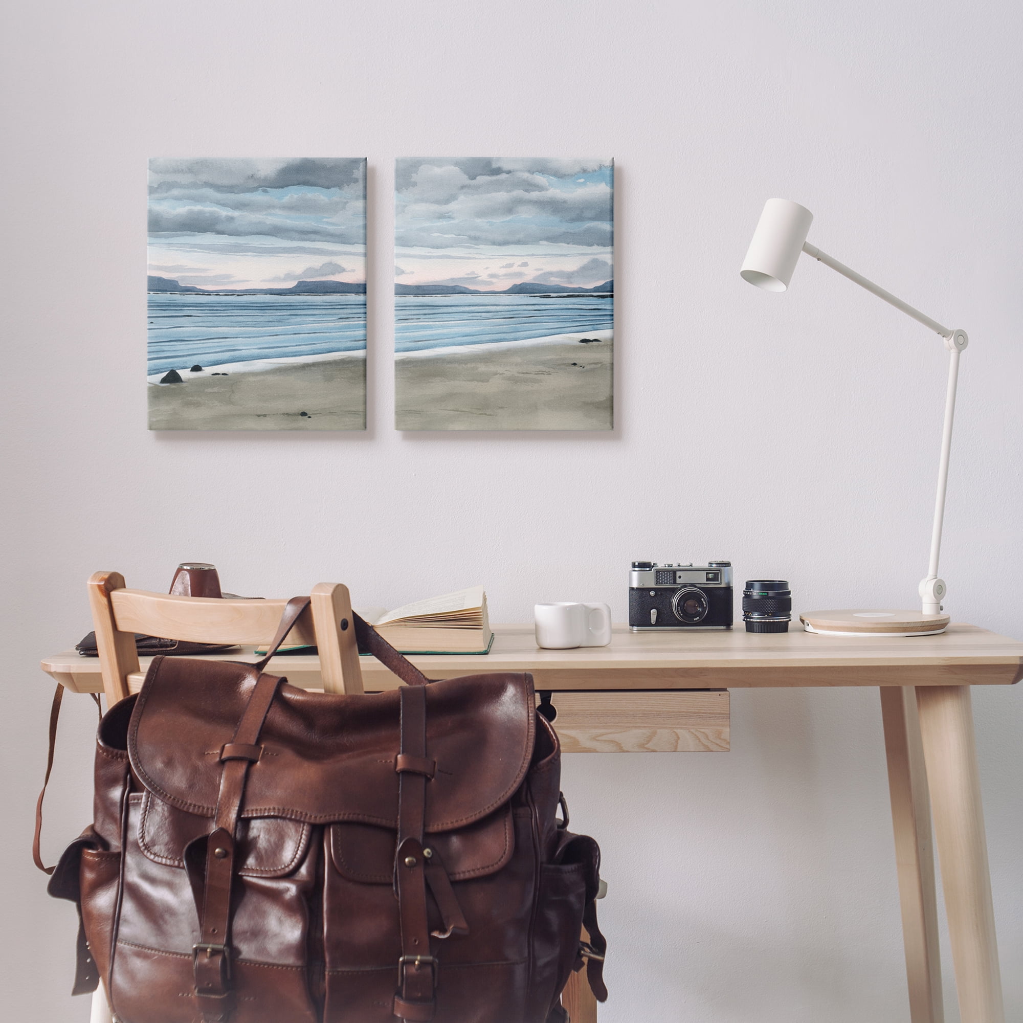 Stupell Cloudy Summer Beach Shore Watercolor Landscape Painting Gallery Wrapped Canvas Print Wall Art, Set of 2